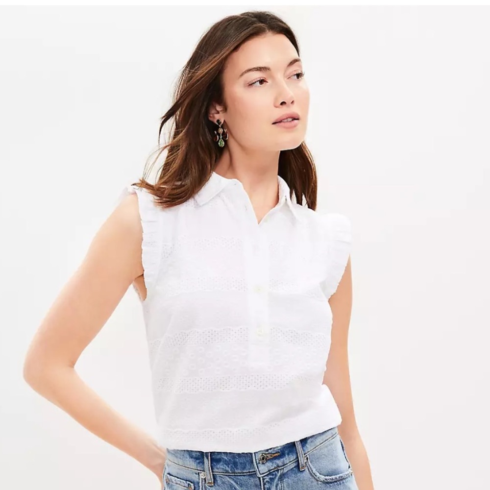 Loft Embroidered Collared Ruffle Henley Top